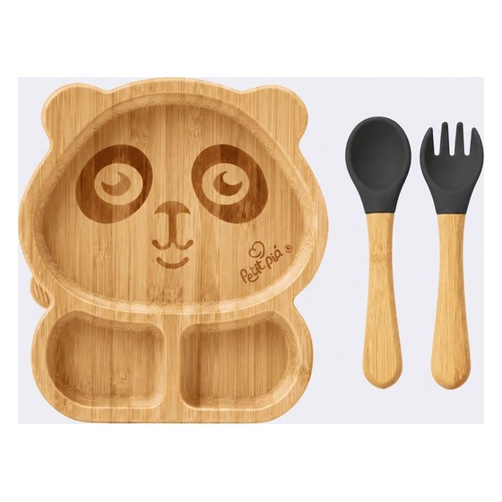 Kit Alimentação Infantil Prato Panda de Bambu com Talheres