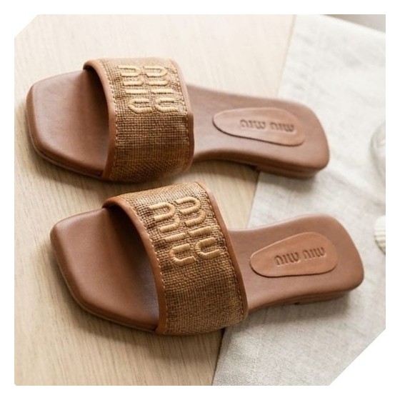 Sandália Slide Miu Miu Logo Bordado Couro/Lona n 38