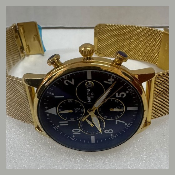 Relógio Nibosi 1985 Cronógrafo Pulseira Mesh Dourada