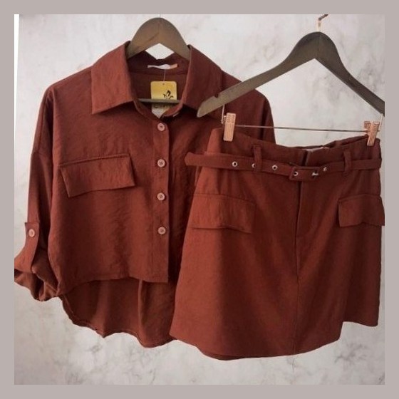 Conjunto GG Feminino Camisa com Short Saia Marrom