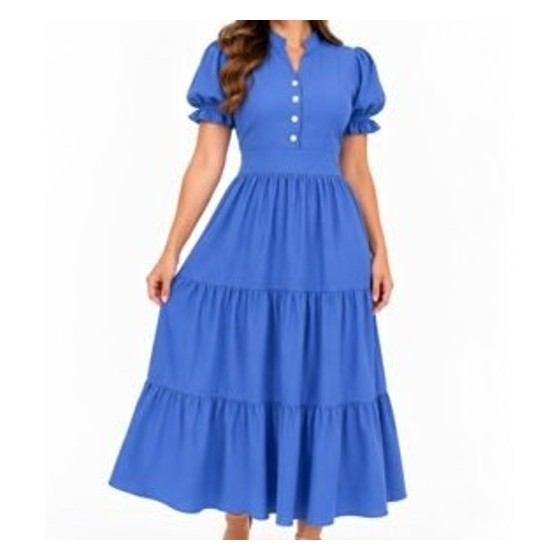 Vestido Midi Azul Manga Bufante com Saia Tiered( longo )