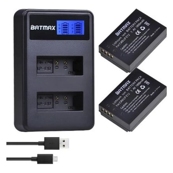 Carregador Duplo USB Bivolt Batmax LP-E12 com 2 Baterias Compatíveis Rápido