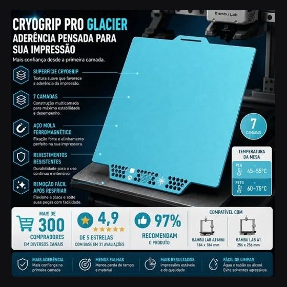 Mesa Fria CryoGrip Pro Glacier para Bambu Lab A1/A1 Mini BIQU/BIGTREETECH — AS168