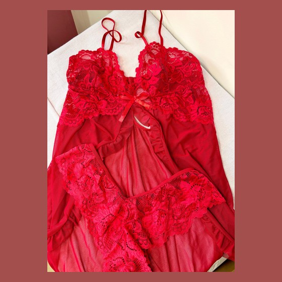 Conjunto de Lingerie Babydoll Vermelho de Renda com Calcinha — LL111