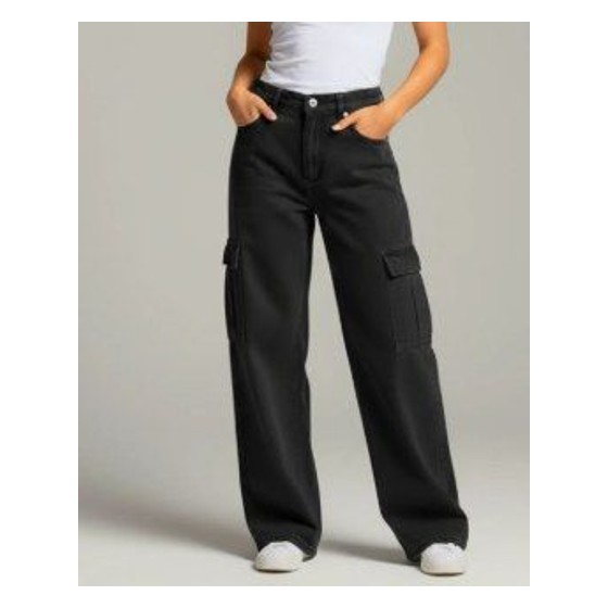 Calça Jeans Wide Leg Cargo Feminina Cintura Alta T44