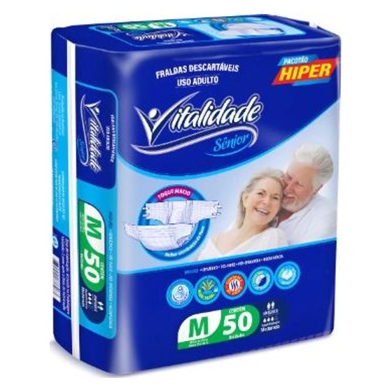 Fralda Geriátrica Adulto Vitalidade Sênior Pacotão Hiper M 50 unidades