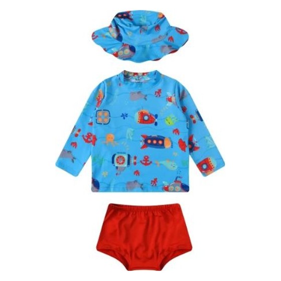 Conjunto Praia Infantil Proteção UV com Camisa, Sunga e Touca