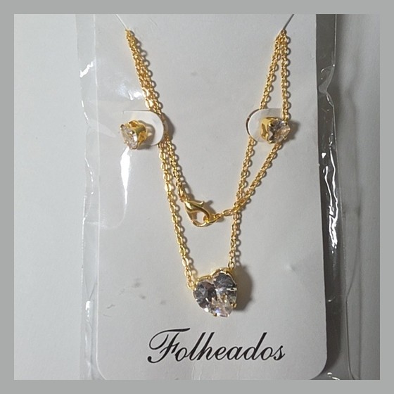 Conjunto Colar e Brinco Folheado a Ouro Coração