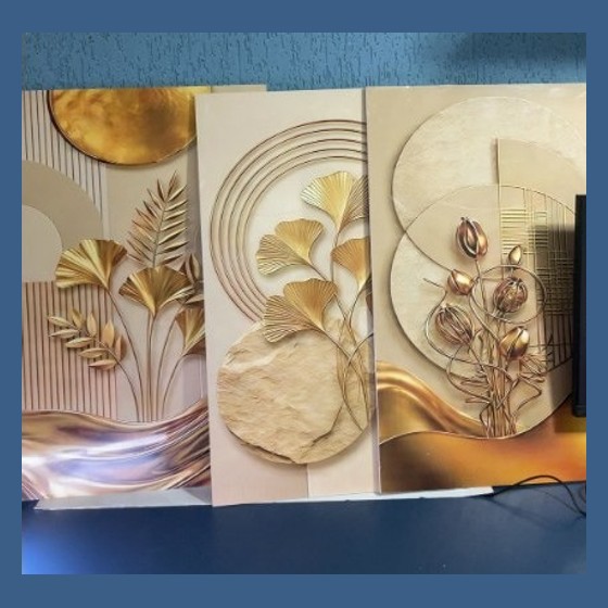 Kit 3 Quadros Decorativos Folhagem Dourada com Moldura