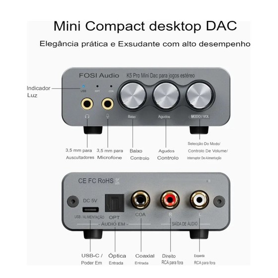 DAC/Amplificador Fosi Audio K5 Pro Mini Desktop