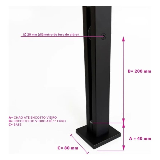 Coluna Torre Pinça Em Aço Inox Preto 30 Cm Para Vidro 8 e 10mm Decorplace