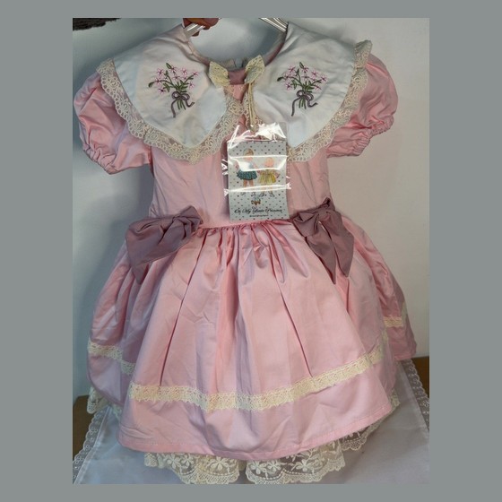 Vestido Infantil Festa Rosa Gola Bordada com Renda