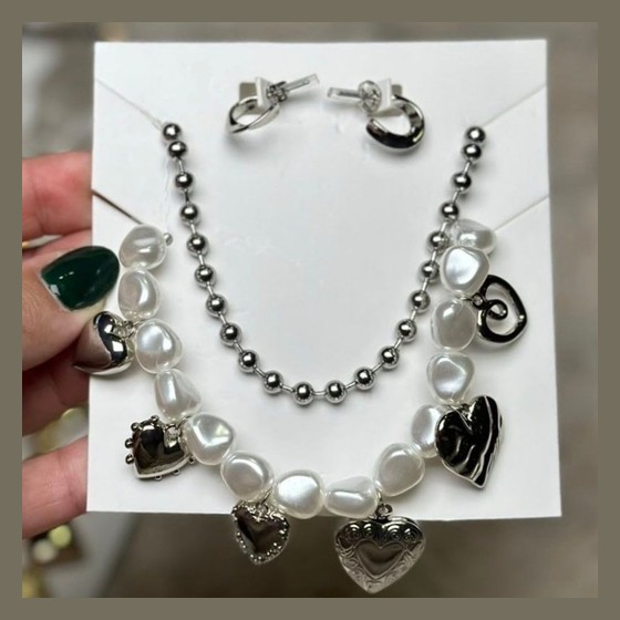 Conjunto Bijuteria Pérola com Pingentes Coração