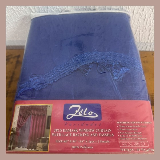 Cortina Jêlo Damask 2 Peças com Renda e Franjas